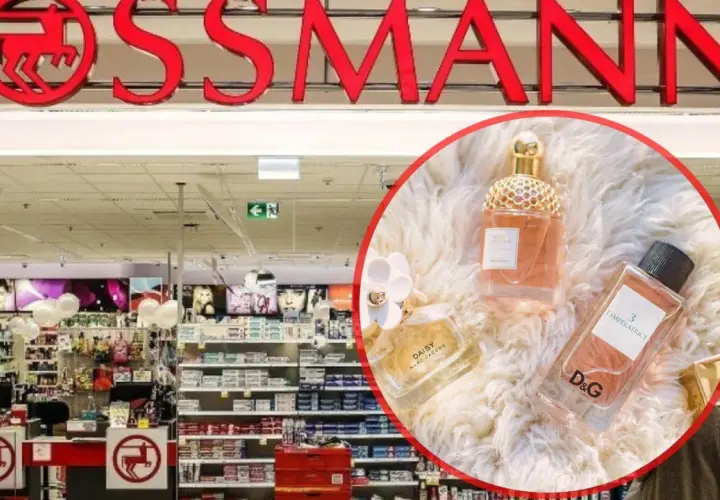Logo Rossmann i trzy flakoniki perfum na białym tle.