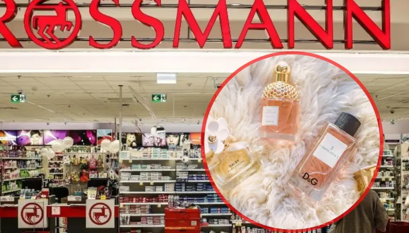 Logo Rossmann i trzy flakoniki perfum na białym tle.